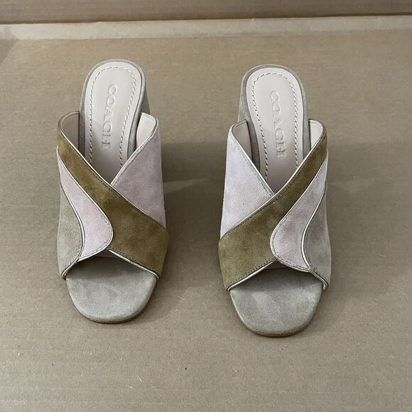 Coach Bria Women Tan Pink Oat Pale Blush Open Toe Block Heel CB Mules Size 5B - Picture 3 of 12